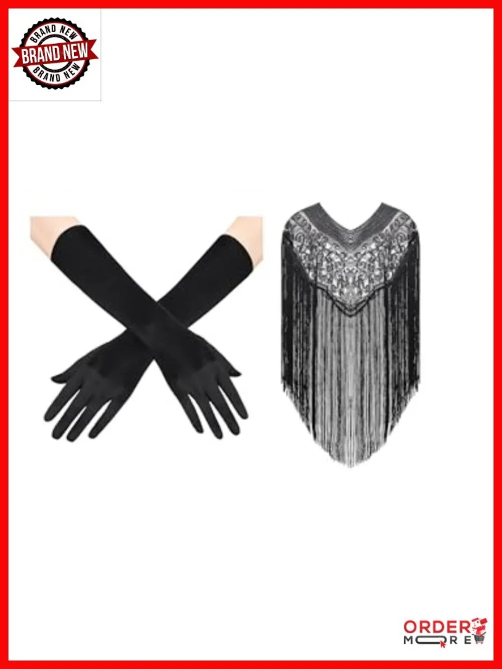 Opera Length Satin Gloves with Sequin Embroidered Fringed Shawl